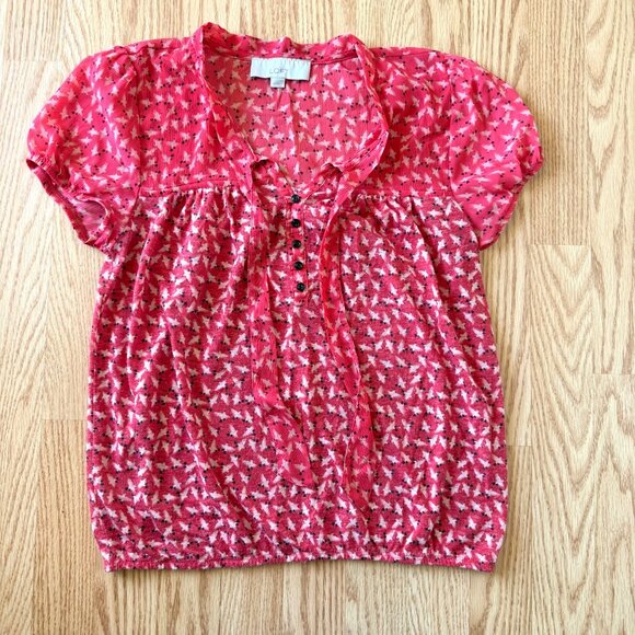 Ann Taylor Loft Blouse Size XS Red Print Birds Tie Neck Textured Romance Top - Picture 6 of 13